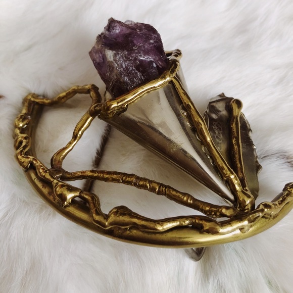 Vintage Rare 70s 80s Copa Collection Brutalist Brass Amethyst Belt Buckle - Picture 2 of 8